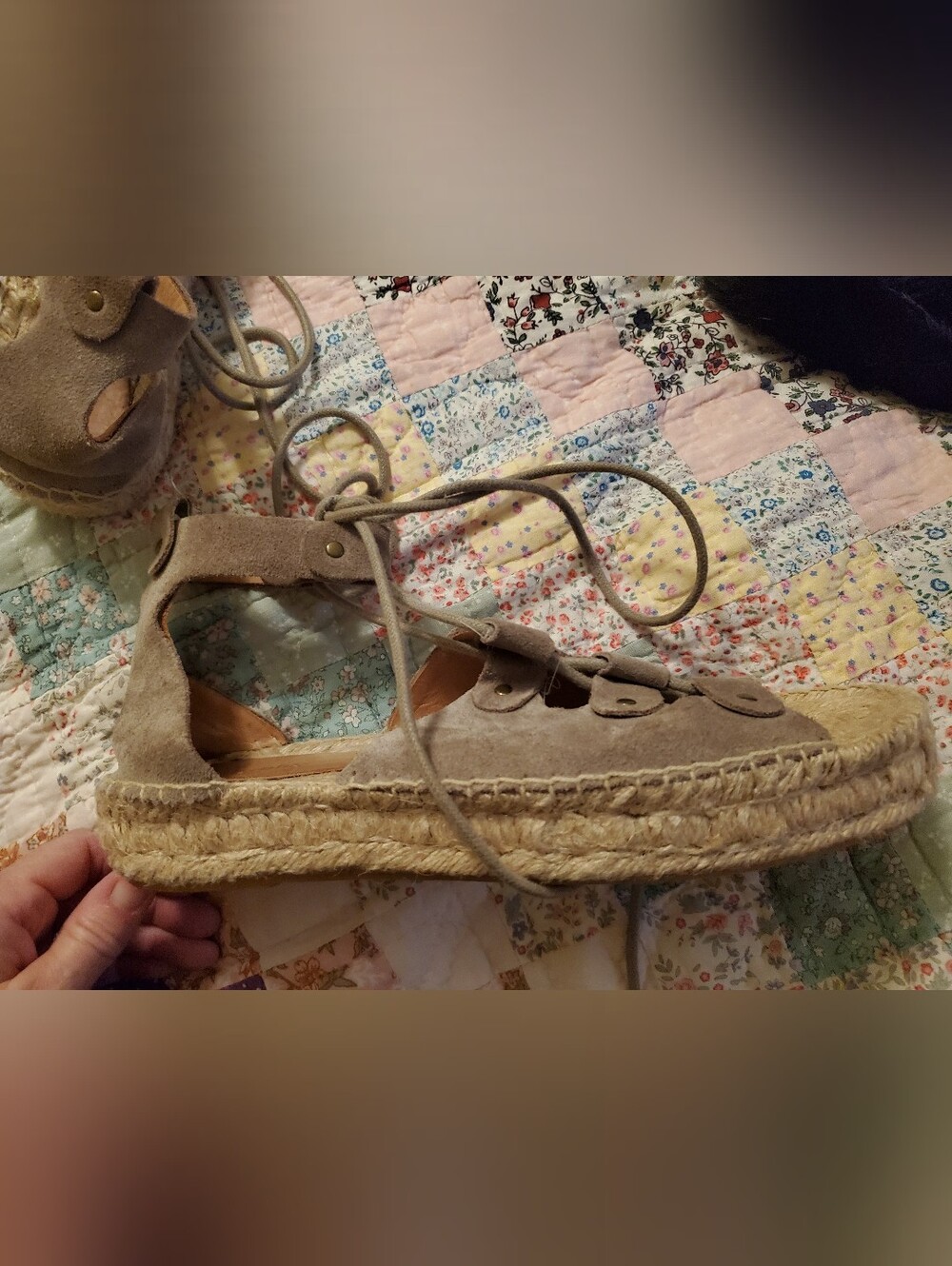 Suede Lace-Up Espadrille Platform Roman Sandal in Taupe